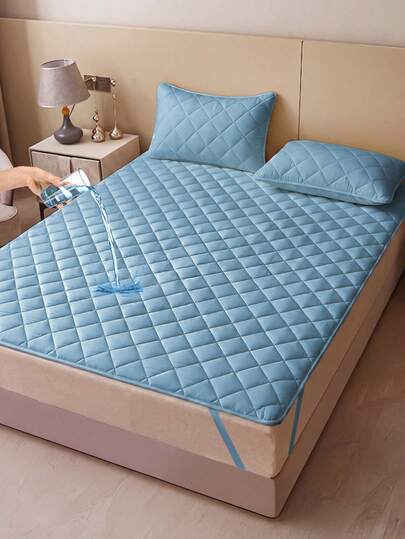 1pc Mattress Protector, Water‑Resistant, Quilted Design, With Elastic Bands, All‑Season Use, Soft & Comfortable, Highly Breathable, Sky Blue