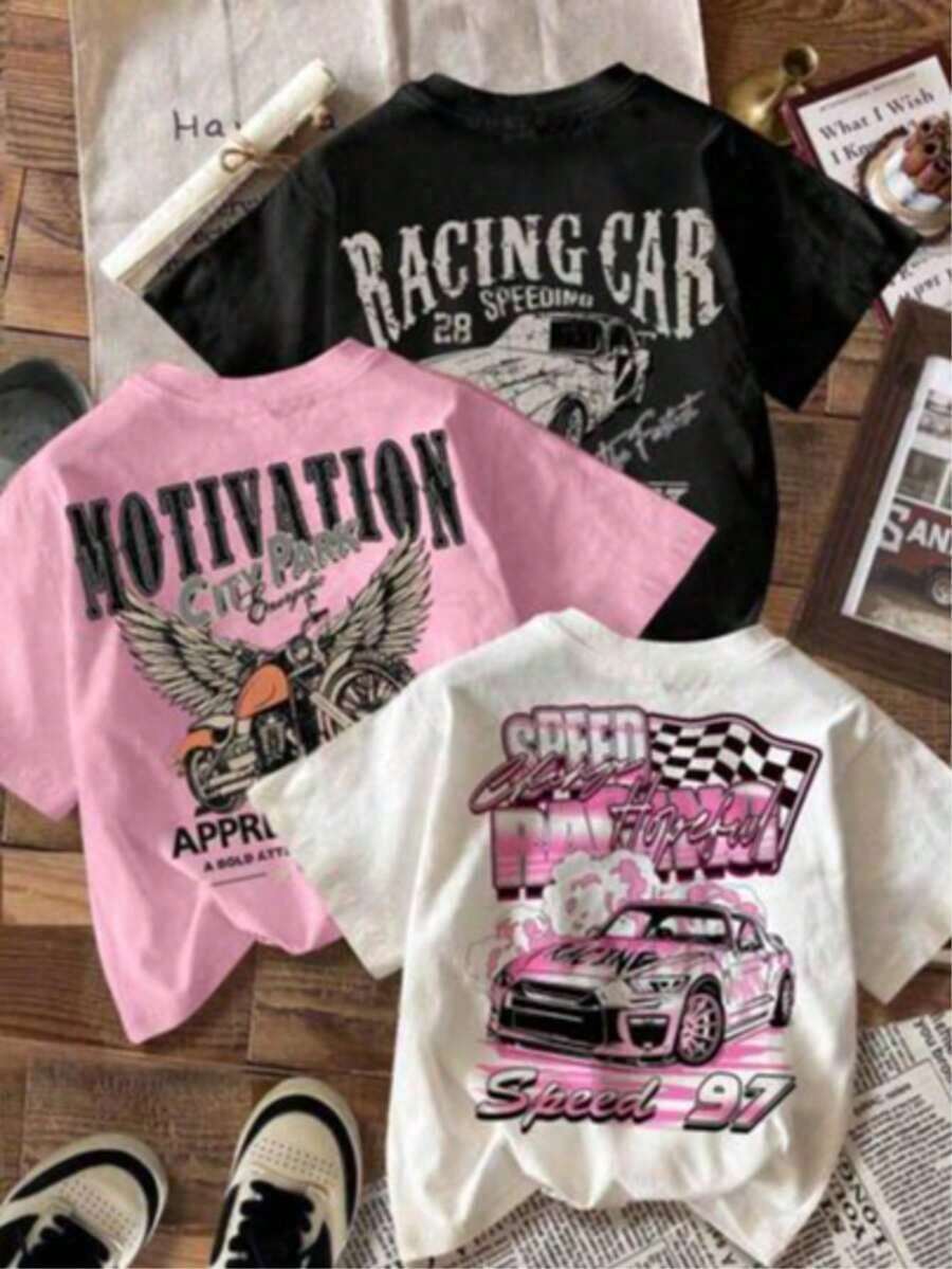 Women's Basic T-Shirt, Round Neck, Short Sleeve, Graphic Print Of Cars, Motorcycles, Racing Cars, Casual Cotton, Comfortable, Modern Style | Soft Texture, Fortiz. Loose-Fitting, Casual, And Versatile T-Shirt. Single Piece, Not A 3-Piece Set. - 白色 - 查看 1