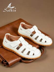 Salkin Fashionable Retro Summer Women's Sandals, Hook And Loop Solid Color Simple Open Toe, Bring Comfortable Outdoor Feeling, Flat Sandals With Affordable High-End Feel, Leather Ballet Flats, Size Runs Small, Suggest Ordering One Size Up, Summer Back To School Shoes, College Style, Non-Slip Durable Casual Outdoor Walking Shoes For Women, Soft Comfortable Leather, Suitable For Jeans, Skirts, Holiday Gift, Vacation Style - White - View 10