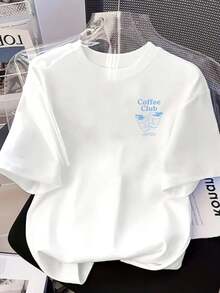New 180g Short-Sleeved T-Shirt, 1% Cotton, With Front And Back Prints - Coffee Club, Coffee Cup - Fashionable Printed T-Shirt For Women, Your Best Choice! - Suitable For Layering In Spring And Autumn, And For Wearing Alone In Summer, Unisex Style. - White - View 3