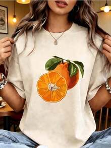 | 1 Women's 100% Breathable Cotton T-Shirt | Bright Pink Short Sleeve Casual T-Shirt For Women - Soft Polyester Crew Neck Top With Vibrant Orange Slice And Leaf Geometric Print, Machine Washable For Spring Summer Casual Wear, Fruit Print T-Shirt, All Season Fabric, - Ideal For Summer Pure-Cotton - 杏色 - 查看 10