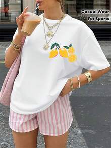 Women's Summer Sports T-Shirt, Lemon Liqueur Pattern Print, Summer Vacation Style, Round Neck, Casual And Versatile, For Everyday Wear At Home, Outings Or As A Gift - 白色 - 查看 1