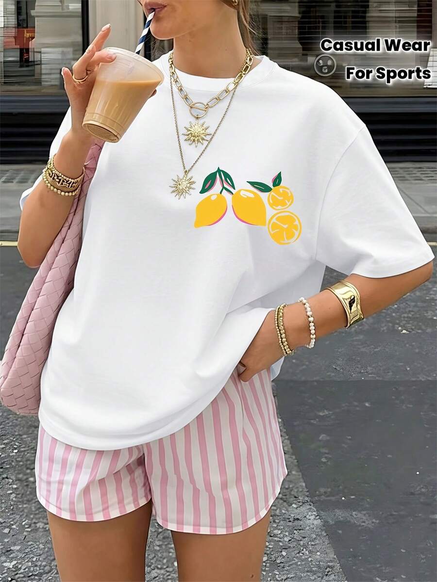 Women's Summer Sports T-Shirt, Lemon Liqueur Pattern Print, Summer Vacation Style, Round Neck, Casual And Versatile, For Everyday Wear At Home, Outings Or As A Gift - 白色 - 查看 1