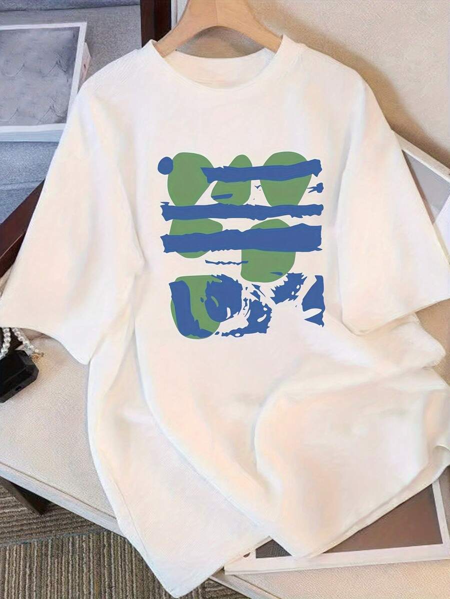 Women's Short Sleeve T-Shirt, Modern And Minimalist Style - Casual Top With Black Geometric Pattern, Ideal For Everyday Wear, Summer Clothes. | Artistic Design With Splatter Effect | Casual For Everyday Wear - 白色 - 查看 1