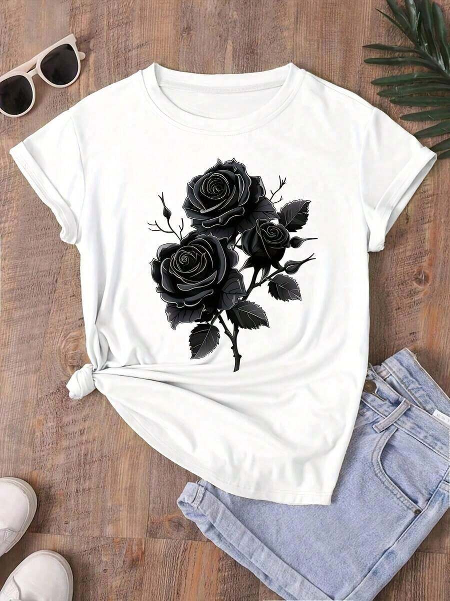Modern Minimalist T-Shirt With Black Rose Print + Unique Short Sleeve + Slimming Design, Casual Summer And Spring Top For Women - 白色 - 查看 1