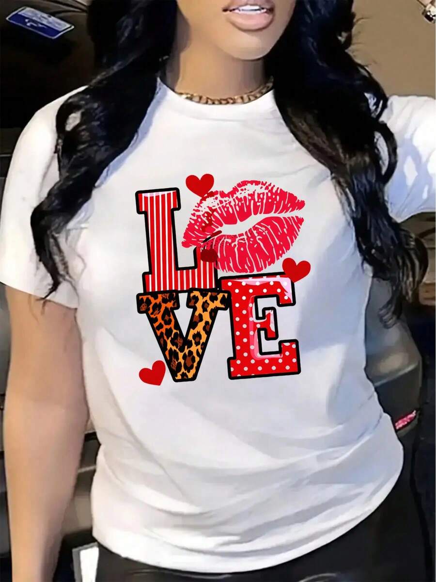 Simple And Versatile Design. One-Piece Summer Set With Leopard And LOVE Heart Print, Casual Short-Sleeved Crew Neck T-Shirt For Women, Suitable For All Seasons, New Summer Fashion Item, Holiday Gift, Cotton T-Shirt. - 白色 - 查看 1