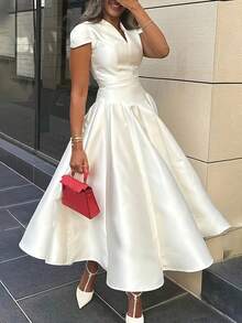 Summer Dresses For Womenvestidos Elegantes De MujerSolid Color Short Sleeves V-Neck Midi DressesLoose And Comfortabledresses For Womendresses For Women - 白色 - 查看 1