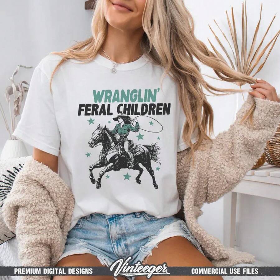 Dealing With Wild Children | Funny T-Shirt Design For Cowgirl Mom Life, Cowboy Rodeo Sublimation, Retro Country Mom Digital Design In PNG - White - View 1