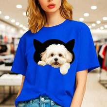 GiftCamia Women's Pure Cotton Cat And Puppy Ear Print Casual Short Sleeve Loose Fit Crew Neck Graphic Top, Available In Sizes, Cute Animal Design, Soft And Breathable Fabric, Fashionable For Everyday Wear, 100% Cotton. Soft - 藍色的 - 查看 6