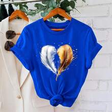 Women's Cotton T-Shirt, Sizes M-5XL, Casual Loose Fit, Round Neck, Short Sleeve, Heart And Feather Print, Gold And Silver Graphic, Comfortable Top For Everyday Wear, Soft Women's Clothing - 藍色 - 查看 7