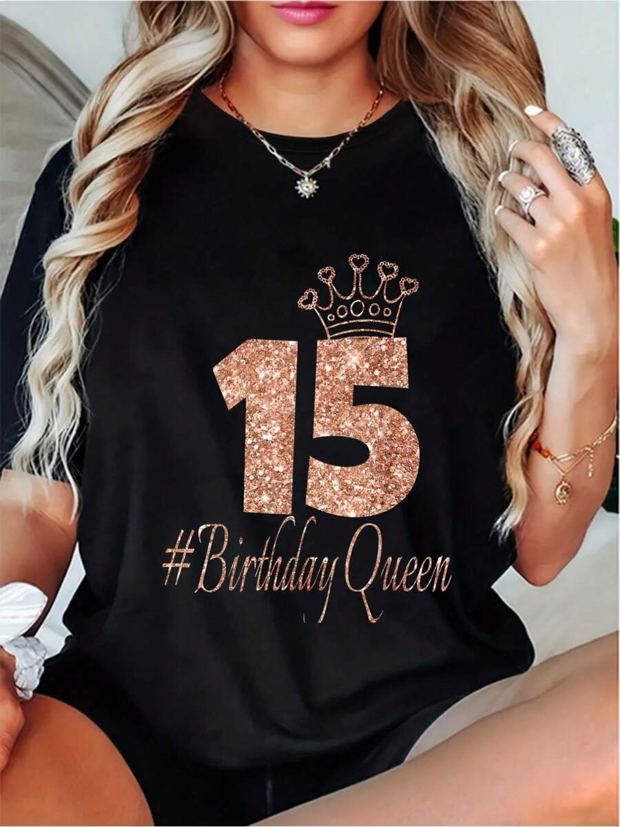 15th Birthday T-Shirt - Sparkling # Quinceañera Party Set With Cake And Number 15 Design - Soft And Breathable 180g/M² Fabric In Gold And Pink - Sweet Gift Idea For 15-Year-Olds (Machine Washable) Elegant Party Outfit, T-Shirt For Elegant Ladies, Blouses Suitable For Curvy Women, Casual Wear, Cool And Sweat-Free Summer Clothes, Fun Letter Print - 黑色 - 查看 1