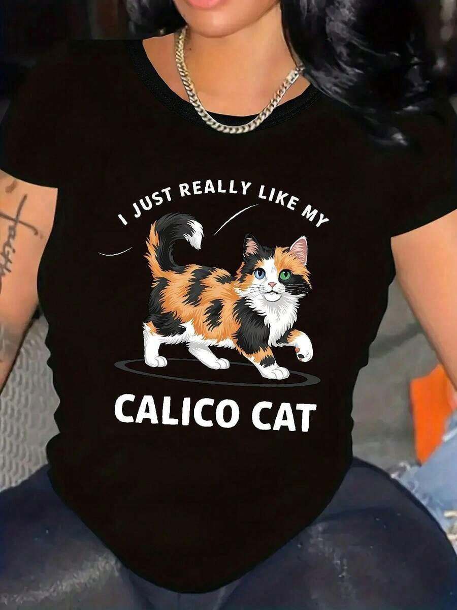 Plus Size Crew Neck T-Shirt For Women, From PremiumLoose, With Cat Print - Casual Floral Top For Spring, Summer And Autumn, Featuring A Cartoon Animal Print Design, Stylish And Elegant Clothing For Women. Gift Idea. - 黑色 - 查看 1