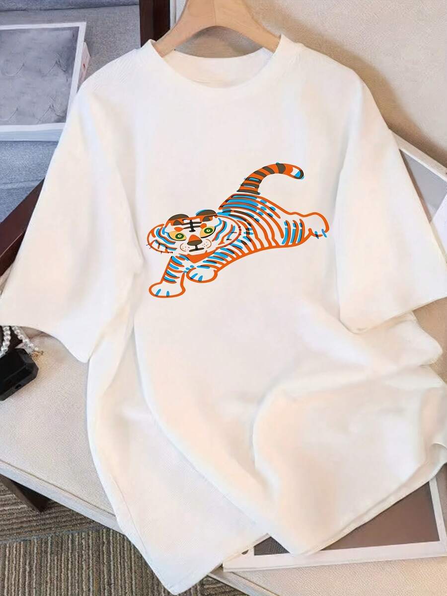 Women's Loose Fit Short Sleeve T-Shirt - Bright Orange Tiger Print, Casual Crew Neck, Comfortable For All Seasons, Machine Washable, Fashionable Design, Durable Fabric, Comfortable Fit. Elegant Party Outfit, Stylish Ladies T-Shirt, Blouses Suitable For Curvy Women, Prom Skirts, Casual Wear. Adorable Animal Print, Fun Letter Print - 白色 - 查看 1