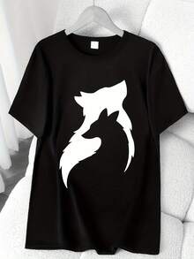 Wolf Print T-Shirt. Available In 6 Colors, Short Sleeves, Round Neck, High Elasticity, Casual Sports Top. Machine Washable. Suitable For Spring And Summer. Can Be Worn In All Seasons. Women's Clothing. Elegant Party Outfit, T-Shirt For Elegant Ladies, Blouses Suitable For Curvy Women, Casual Wear, Cool And Sweat-Free Summer Wear, Fun Letter Print. - 黑色 - 查看 1