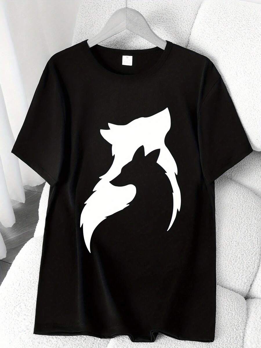 Wolf Print T-Shirt. Available In 6 Colors, Short Sleeves, Round Neck, High Elasticity, Casual Sports Top. Machine Washable. Suitable For Spring And Summer. Can Be Worn In All Seasons. Women's Clothing. Elegant Party Outfit, T-Shirt For Elegant Ladies, Blouses Suitable For Curvy Women, Casual Wear, Cool And Sweat-Free Summer Wear, Fun Letter Print. - 黑色 - 查看 1