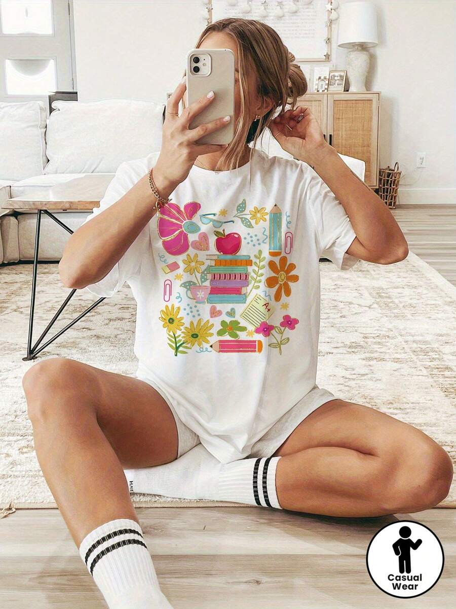 Mexican Boho Floral Print Cotton T-Shirt For Teachers, Short Sleeve, Round Neck, Casual Top For Summer And Spring, Women's Clothing - 白色 - 查看 1