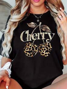 Women's Short-Sleeved T-Shirt With Cherry Print On The Front And Back, Casual Black Round Neck T-Shirt, Elastic, Machine Washable, Suitable For Spring/Summer/Autumn. - 黑色 - 查看 6