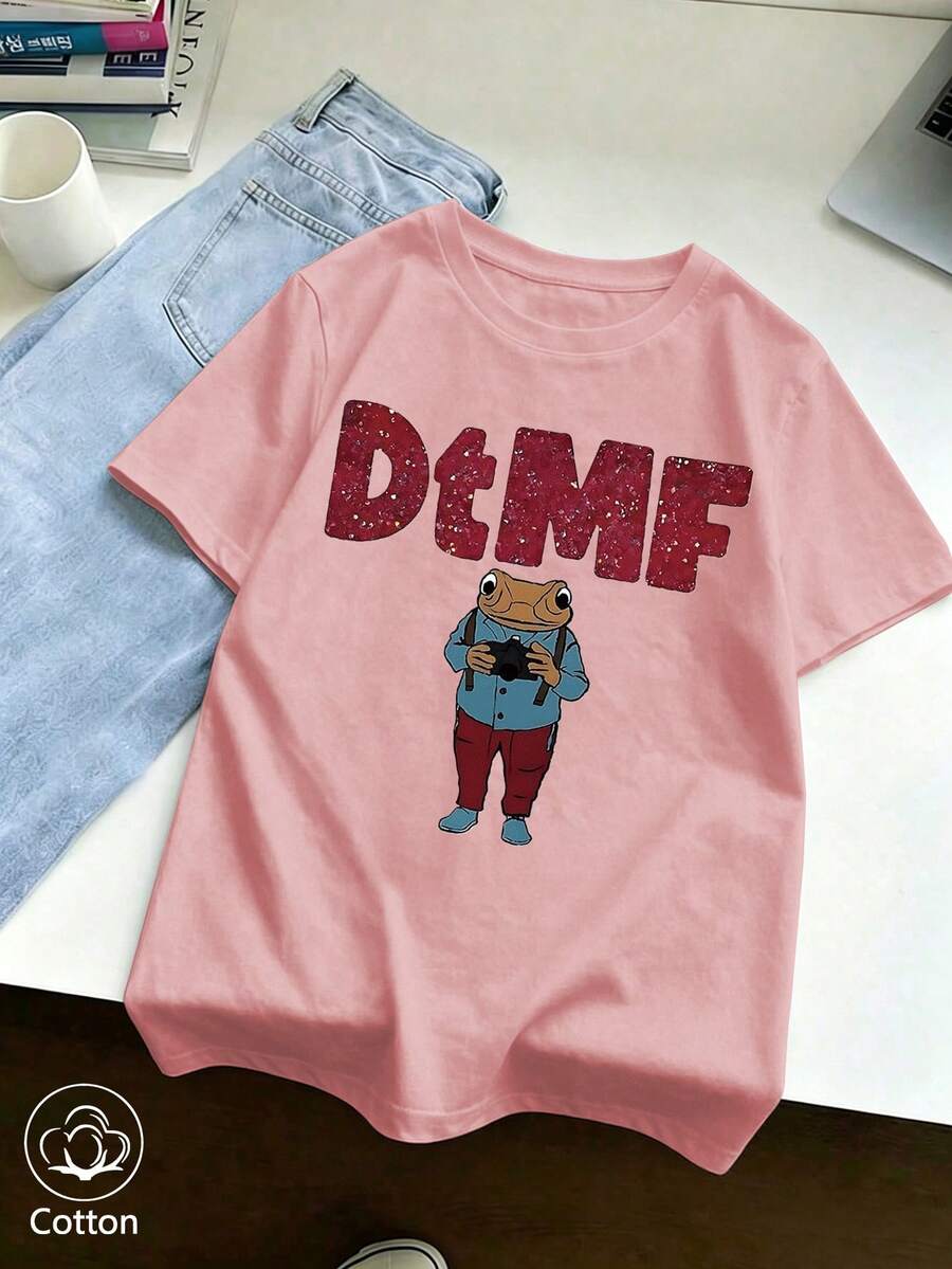 T-shirt unisexe ample avec imprimé grenouille et lapin portoricains << DtMF » pour femmes, idéal pour les festivals de musique. - Rose bonbon - Voir 1