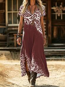 Damen Vintage V-Ausschnitt Kurzarm bedrucktes Schlitz langes Kleid, Bohemian Western Stil Lässig Urlaub Sommerkleid Elegant - Bordeaux - Übersicht 2