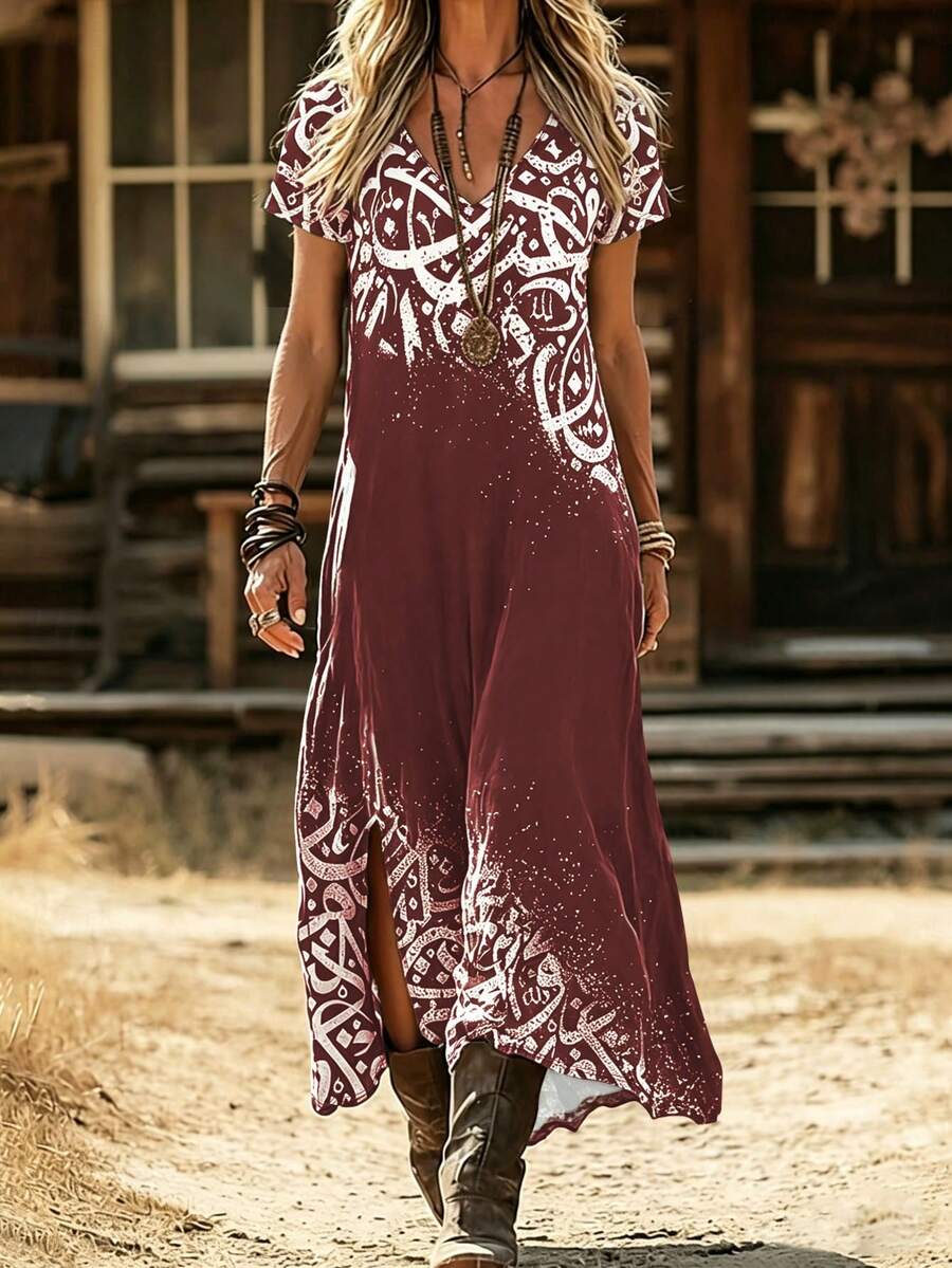 Damen Vintage V-Ausschnitt Kurzarm bedrucktes Schlitz langes Kleid, Bohemian Western Stil Lässig Urlaub Sommerkleid Elegant