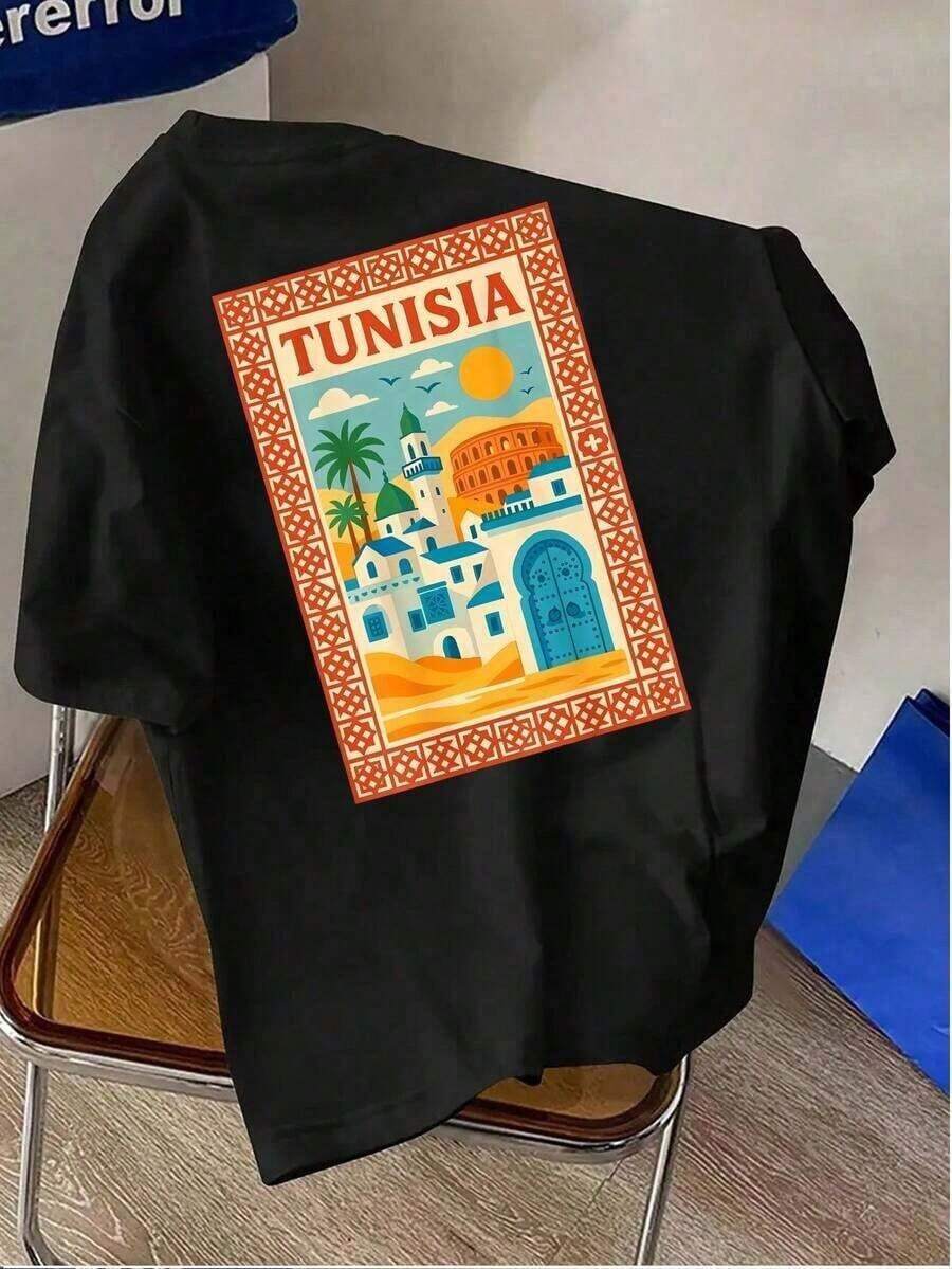 Summer Tops. Tunisian Urban Style Summer T-Shirts. Men's T-Shirt With Tunisia Design – Reversible, Made Of Lightweight Polyester, Ideal For Travel And The Beach, Perfect For Everyday Wear, Urban Style. Easy-Care Cotton T-Shirt, Summer Set. Cotton T-Shirt, Festival - Black - View 1