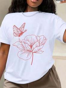 Sommer-Oberteile Damen--Shirt Mit Schmetterlings- Und Blumenmuster - Weiches Und Atmungsaktives Rundhals-Kurzarm-Freizeitoberteil, Weiß Mit Rotem Muster, Normali Passform Für Frühling Und Sommer, Natürliches Design, Bequem Für Den Alltag, Schmetterlings-Baumwoll--Shirt.,Festival - White - View 8