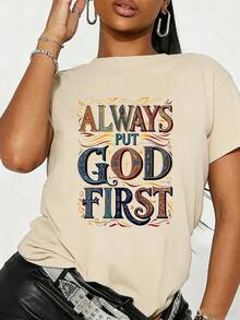 New 2026 Collection: Women's Cotton T-Shirt, Retro Style Y2K GOD FIRST - Breathable Short Sleeve T-Shirt With Round Neck And Faith Letters, Casual Church Wear, Suitable For Daily Use And Religious Wear. - 白色 - 查看 10