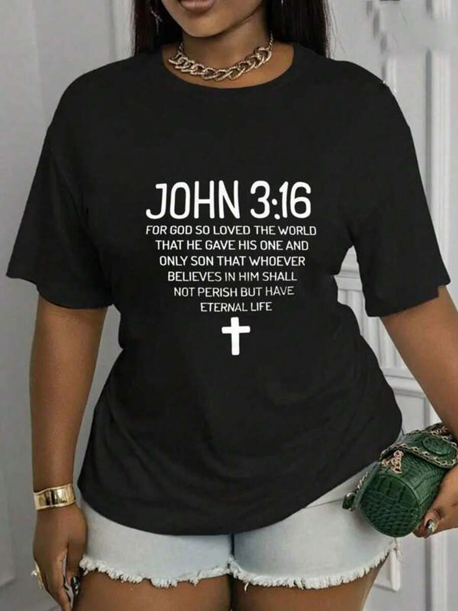 Women's Short-Sleeved, Crew-Neck T-Shirt With A Bible Verse Print. Machine Washable, Casual, And Versatile. Perfect For Everyday Wear In Spring And Summer. Simple And Modern Design, Breathable Fabric, Soft And Very Comfortable To Wear. - 黑色 - 查看 1