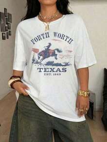 Women's Fort Worth, Texas Horse Riding Print T-Shirt, Stylish Short Sleeve, Soft And Comfortable Crew Neck, Modern Print, Versatile For Spring, Summer And Fall, 100% Cotton, Casual Style, Western Style, Cowboy T-Shirt, Free Shipping UXOQ. Suitable As A Gift. Women's T-Shirt. Blouses>Elegant. Boho Chic. Soft, Breathable And Comfortable Women's Top, Ideal For Spring, Summer And Fall, Perfect For Vacations, Travel And Everyday Wear. - 白色 - 查看 1