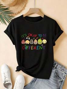 1PC Women's Plus Size Short Sleeve Crew Neck T-Shirt With Fruit And Vegetable Cartoon Print, Casual Summer Style, Loose Fit. Suitable As A Gift. Women's T-Shirt. Blouses>Elegant. Boho Chic. Soft, Breathable, And Comfortable Women's Top, Ideal For Spring, Summer, And Autumn, Perfect For Vacations, Travel, And Everyday Wear. - 黑色 - 查看 1
