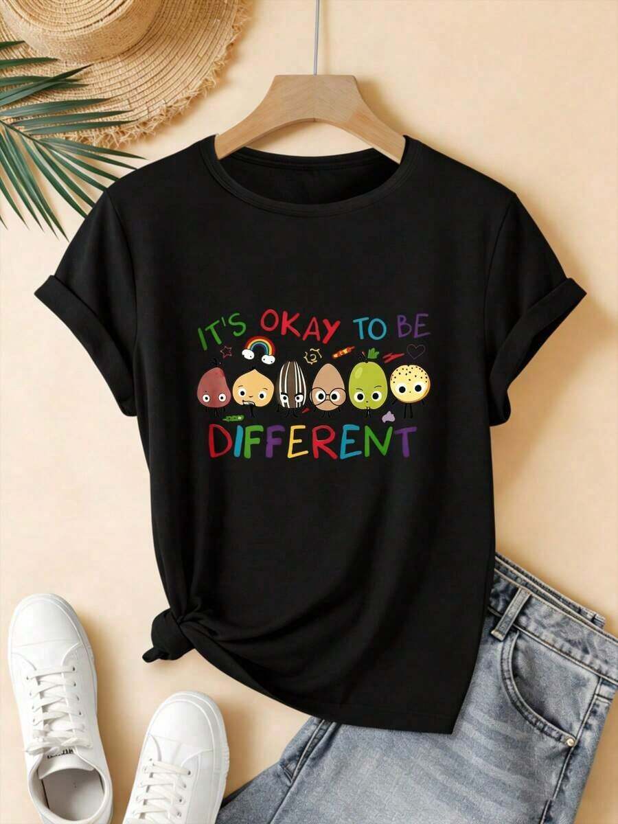 1PC Women's Plus Size Short Sleeve Crew Neck T-Shirt With Fruit And Vegetable Cartoon Print, Casual Summer Style, Loose Fit. Suitable As A Gift. Women's T-Shirt. Blouses>Elegant. Boho Chic. Soft, Breathable, And Comfortable Women's Top, Ideal For Spring, Summer, And Autumn, Perfect For Vacations, Travel, And Everyday Wear. - 黑色 - 查看 1