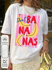 "That's Bananas" Printed Casual T-Shirt, Fresh And Sweet Style, Women's Summer Clothes, Women's Vacation Outfits, Women's Beach Outfits, Round Neck, 100% Cotton, Soft Fabric, Short Sleeve - 白色 - 查看 1