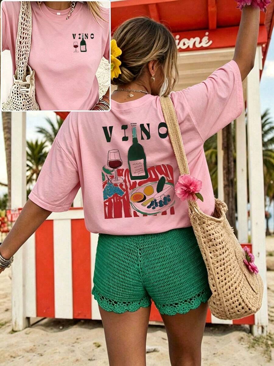 Women's Casual Graphic Short Sleeve T-Shirt, Streetwear Style, Cute Summer Top, ChristmasPrinted Round Neck Short Sleeve Women's Tee - Daily Casual, S - 粉色 - 查看 1