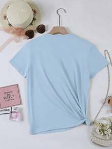 Camiseta de mujer de manga corta con cuello redondo, estampado floral y de uso versátil - Celeste - Ver 2