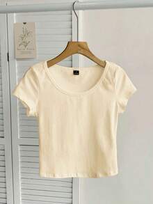 Camiseta ajustada de mujer con cuello de pico, manga raglán y patrón minimalista, 95% algodón, color caqui - Albaricoque - Ver 6