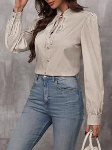 LUNE Blusa de manga farol con cuello de corbata y estampado de rayas, blusas de manga larga - Caqui - Ver 6