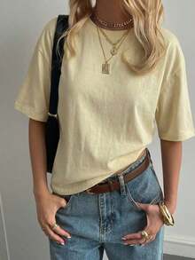 Blusa básica de manga corta, cuello redondo, corte holgado, para mujer, otoño/invierno - Amarillo - Ver 6