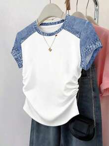 Set de 3 blusas de mujer con estampado de rayas, cuadros y gráficos, de manga corta y con efecto de cintura ceñida - Multicolor 14 - Ver 7