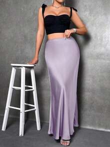 Falda de satén con dobladillo de sirena para PETITE, falda negra elegante para uso diario - Morado - Ver 4
