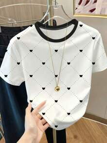Camiseta de mujer con cuello redondo, estampado de corazones y lunares, y bloques de color - Blanco 9 - Ver 1