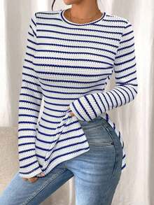 Frenchy Camiseta de manga larga a rayas de estilo informal para mujer con bajo con abertura, para primavera y otoño - Azul - Ver 4
