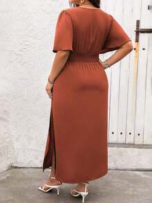 Vestido maxi de verano para mujer talla grande, de manga corta con volantes y cuello en V de un solo color - Óxido marrón - Ver 2