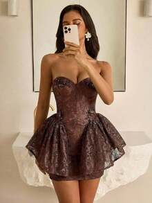 Vestido elegante, noble y de estilo palaciego de encaje blanco sin tirantes, con ballenas, cintura marcada y silueta evasé, adecuado para despedida de soltera, boda, graduación, vacaciones, fiesta de novia y Día de San Valentín - Marrón - Ver 6