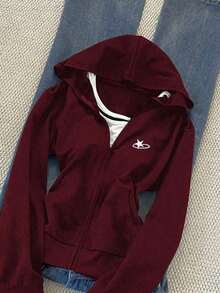Sudadera con capucha ajustada y versátil con bordado para mujer - Burdeos - Ver 3