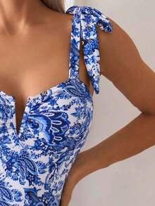 Swim Basics 1 pieza Traje de baño de una sola pieza con estampado sólido y floral y tirantes de espagueti anudados para mujer - Multicolor 2 - Ver 3