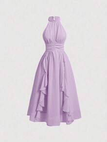 MOD Vestido elegante de cuello halter con pliegues y ribete de volantes para mujer - Púrpura malva - Ver 5
