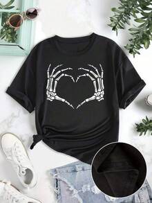 1 Pieza Camiseta Unisex Holgada 180g 100% Algodón Puro, Camiseta única y moderna con diseño de manos de esqueleto formando un corazón perfecta para amantes del estilo y2k ideal para lucir en cualquier ocasión y destacar tu personalidad ¡Atrévete a ser diferente!ideal para uso diario, festivales, conciertos y todas las estaciones - Negro - Ver 1