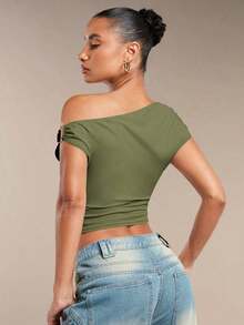 Blusa de verano de unicolor con hombro asimétrico y fruncido para mujer - Verde militar - Ver 2