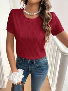 de mujer de manga corta, de cuello redondo, con bordado calado, de unicolor simple, para el verano - Burdeos - Ver 6