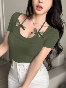 Camiseta de manga corta ajustada casual y sexy con decoración de lazo halter para mujer - Verde militar - Ver 1